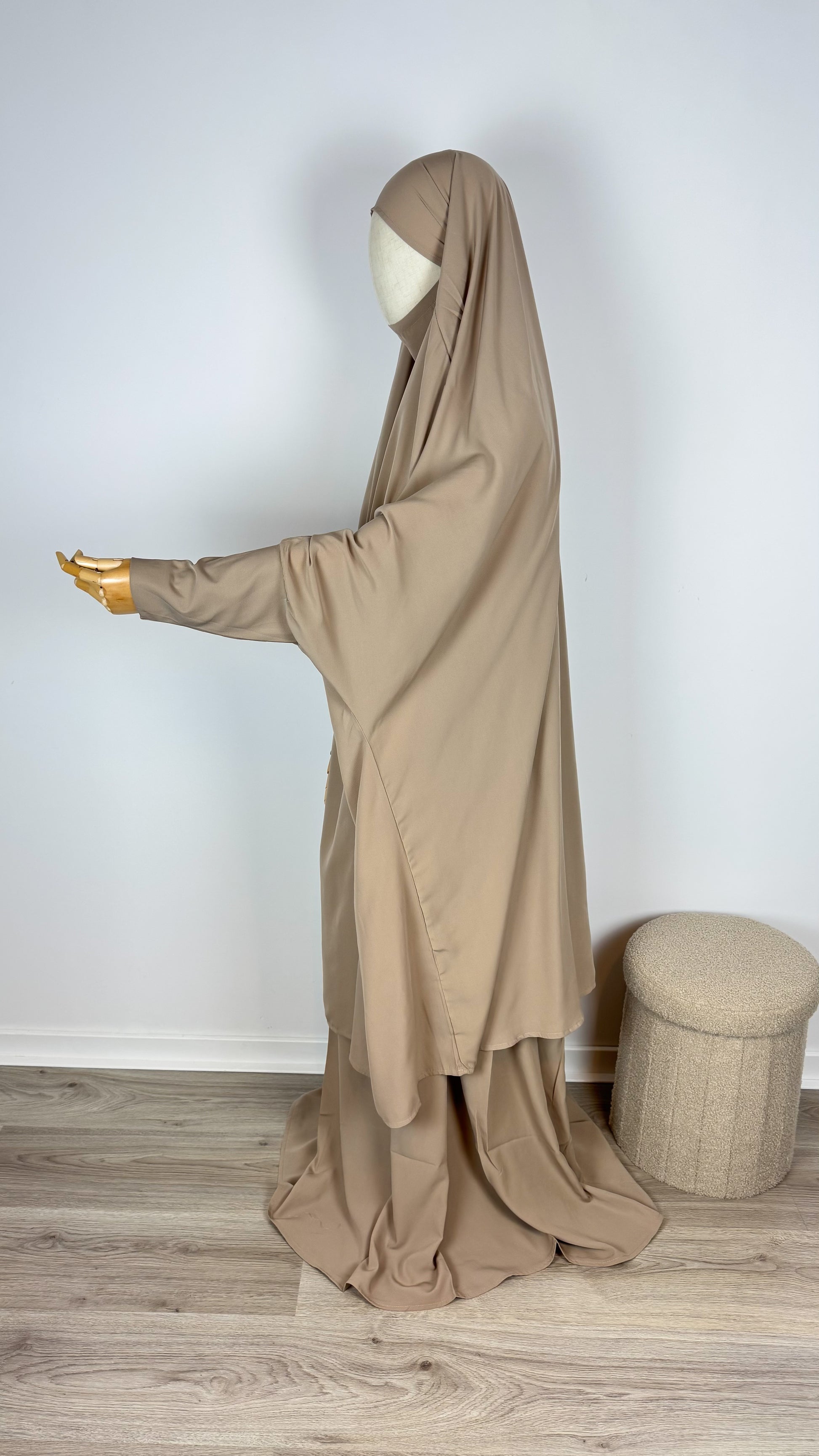 Jilbab Widad Microfibre - Dark Beige Elastic Sleeve - Gamila Muslimah
